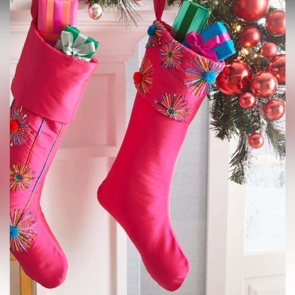 NWT Bright Holiday Pom Pom Cuff Neiman Marcus Christmas Stocking Pink